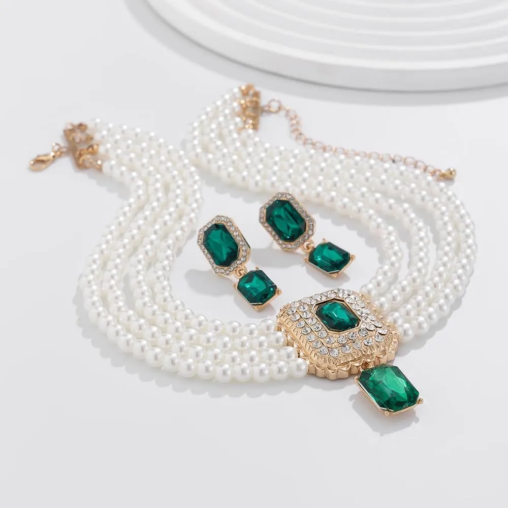 Women Boho 1920s Pearls Choker Necklaces Earrings Set Gold Silver Green Pearls Layered Choker Necklaces Black Multilayer Rhinestones Layering Necklaces for Women