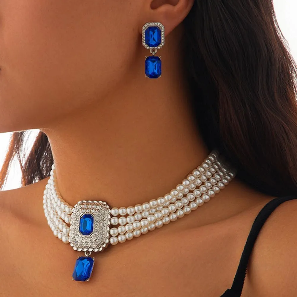 Women Boho 1920s Pearls Choker Necklaces Earrings Set Gold Silver Green Pearls Layered Choker Necklaces Black Multilayer Rhinestones Layering Necklaces for Women