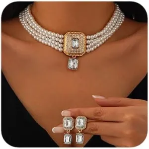 Women Boho 1920s Pearls Choker Necklaces Earrings Set Gold Silver Green Pearls Layered Choker Necklaces Black Multilayer Rhinestones Layering Necklaces for Women