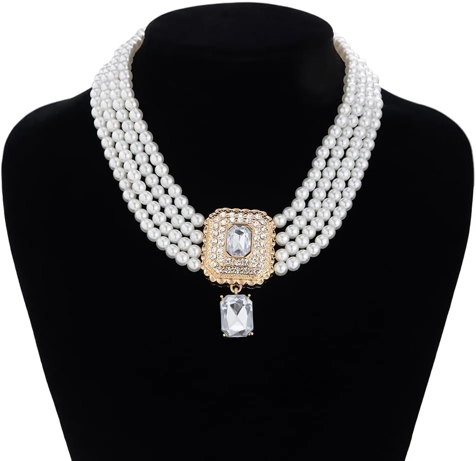 Women Boho 1920s Pearls Choker Necklaces Earrings Set Gold Silver Green Pearls Layered Choker Necklaces Black Multilayer Rhinestones Layering Necklaces for Women