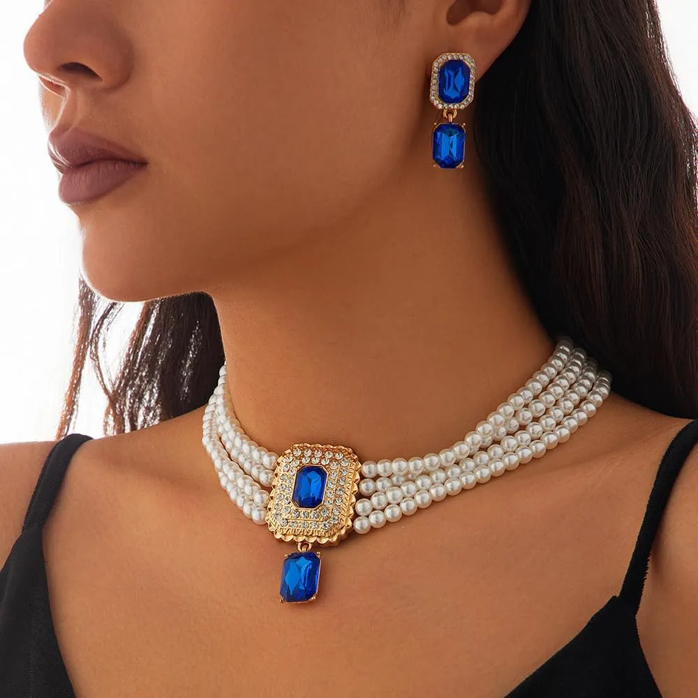 Women Boho 1920s Pearls Choker Necklaces Earrings Set Gold Silver Green Pearls Layered Choker Necklaces Black Multilayer Rhinestones Layering Necklaces for Women