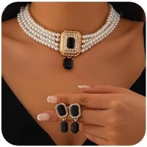 Women Boho 1920s Pearls Choker Necklaces Earrings Set Gold Silver Green Pearls Layered Choker Necklaces Black Multilayer Rhinestones Layering Necklaces for Women