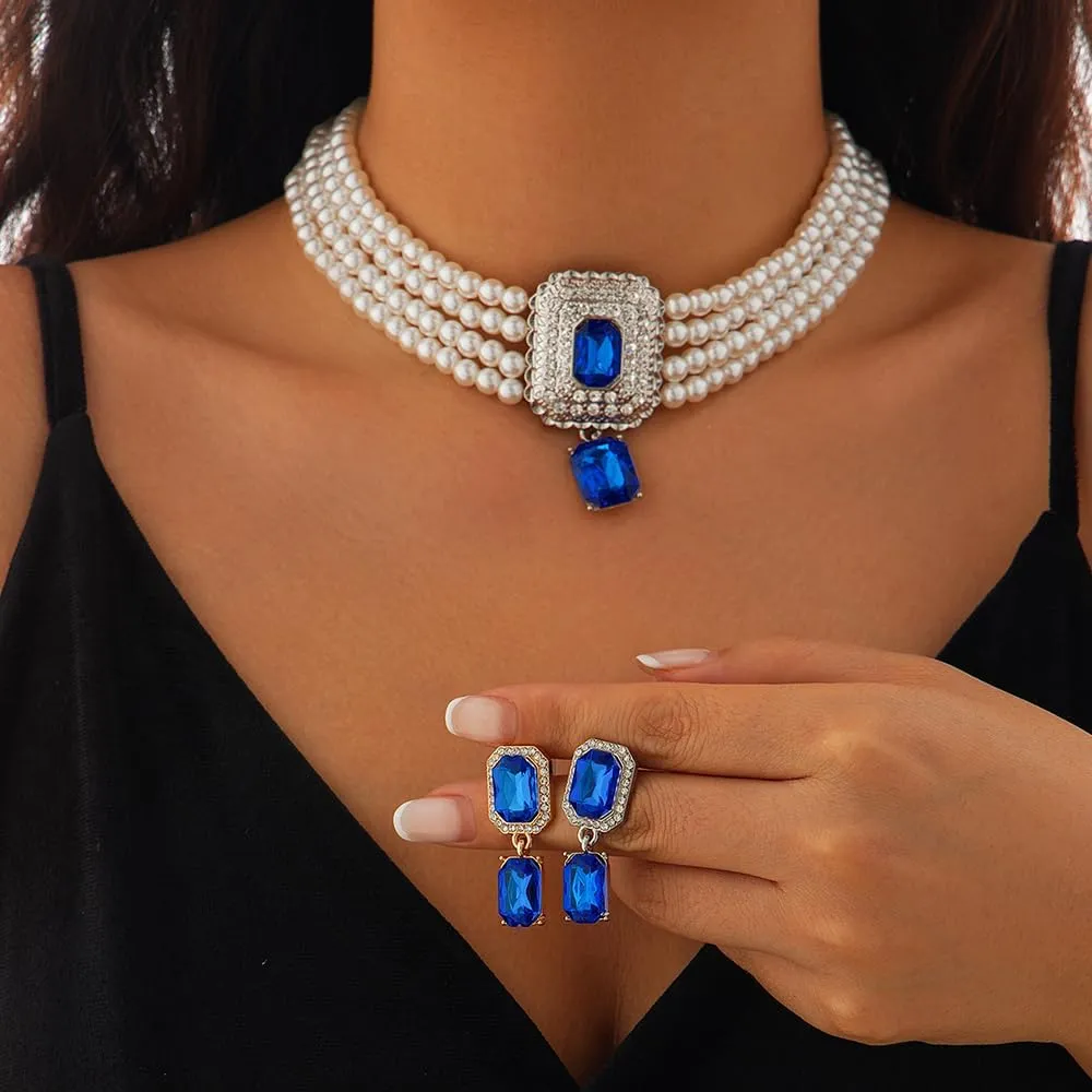Women Boho 1920s Pearls Choker Necklaces Earrings Set Gold Silver Green Pearls Layered Choker Necklaces Black Multilayer Rhinestones Layering Necklaces for Women
