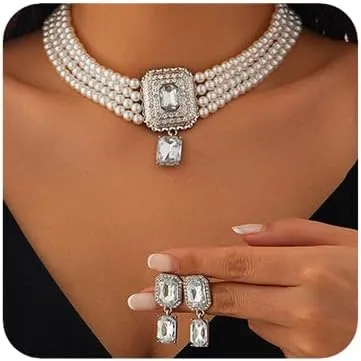 Women Boho 1920s Pearls Choker Necklaces Earrings Set Gold Silver Green Pearls Layered Choker Necklaces Black Multilayer Rhinestones Layering Necklaces for Women