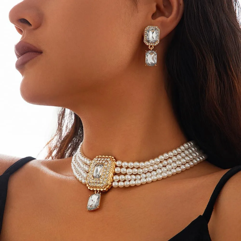 Women Boho 1920s Pearls Choker Necklaces Earrings Set Gold Silver Green Pearls Layered Choker Necklaces Black Multilayer Rhinestones Layering Necklaces for Women