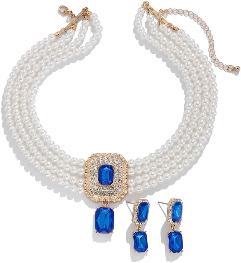 Women Boho 1920s Pearls Choker Necklaces Earrings Set Gold Silver Green Pearls Layered Choker Necklaces Black Multilayer Rhinestones Layering Necklaces for Women