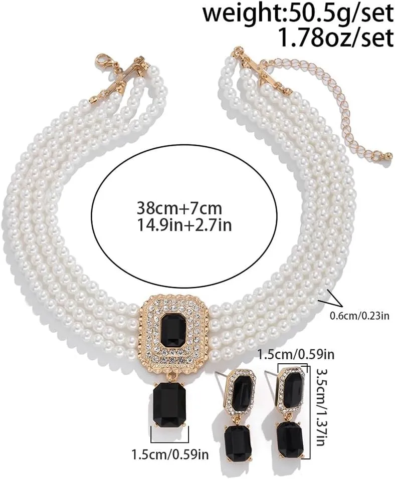 Women Boho 1920s Pearls Choker Necklaces Earrings Set Gold Silver Green Pearls Layered Choker Necklaces Black Multilayer Rhinestones Layering Necklaces for Women