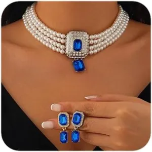 Women Boho 1920s Pearls Choker Necklaces Earrings Set Gold Silver Green Pearls Layered Choker Necklaces Black Multilayer Rhinestones Layering Necklaces for Women