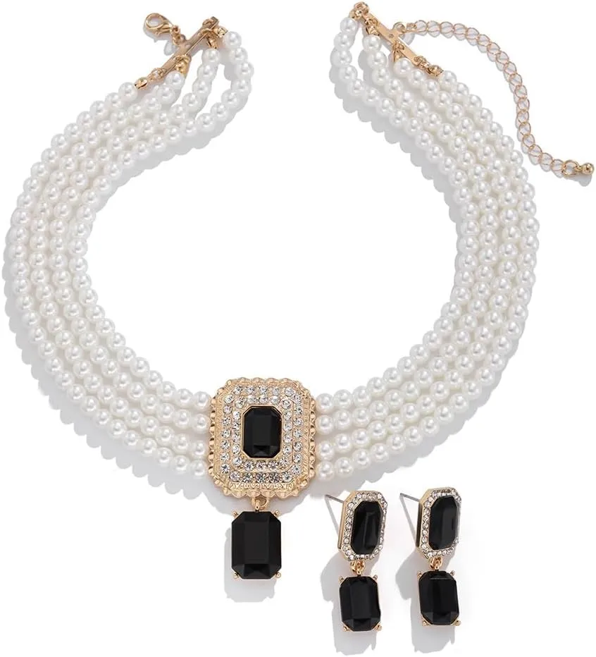 Women Boho 1920s Pearls Choker Necklaces Earrings Set Gold Silver Green Pearls Layered Choker Necklaces Black Multilayer Rhinestones Layering Necklaces for Women