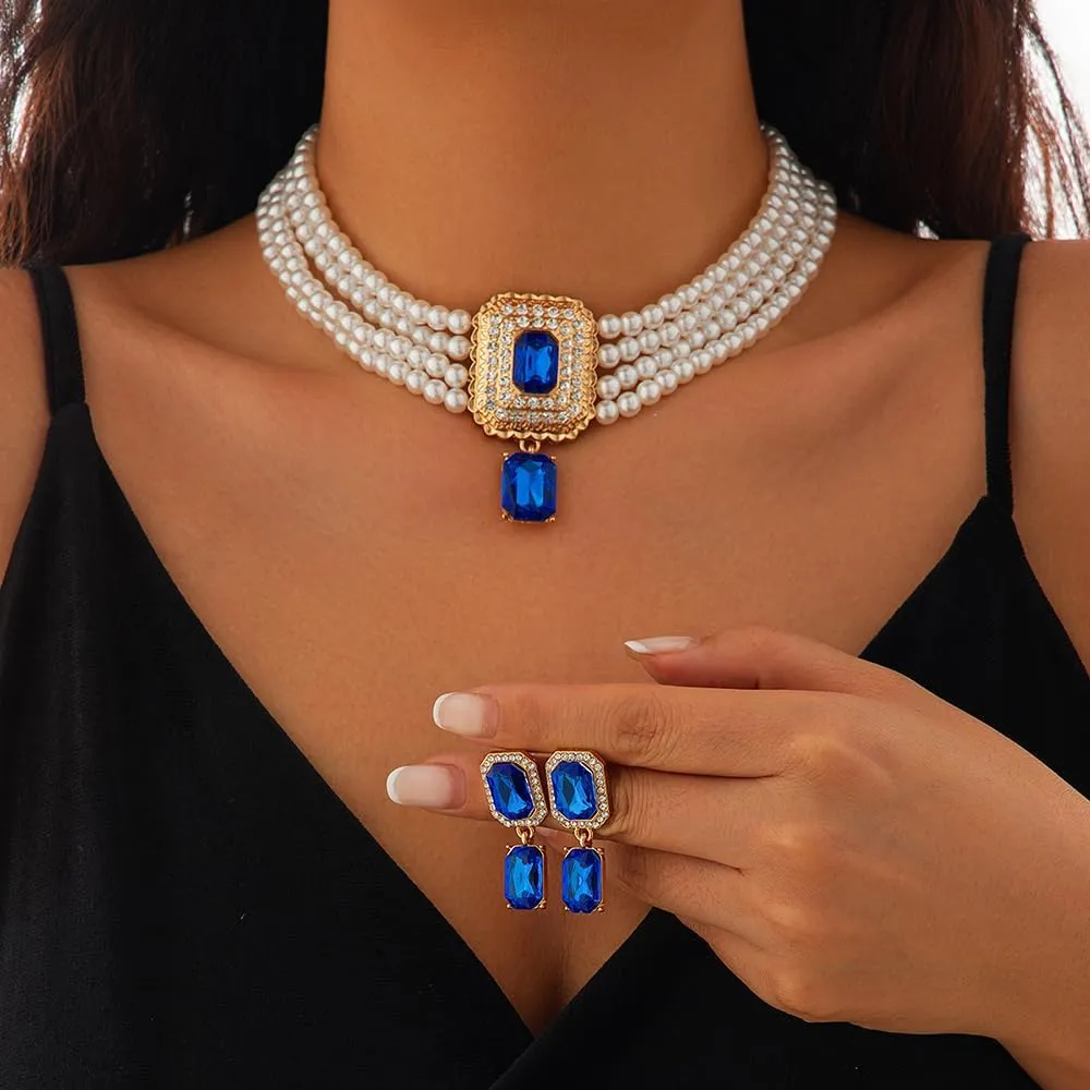 Women Boho 1920s Pearls Choker Necklaces Earrings Set Gold Silver Green Pearls Layered Choker Necklaces Black Multilayer Rhinestones Layering Necklaces for Women