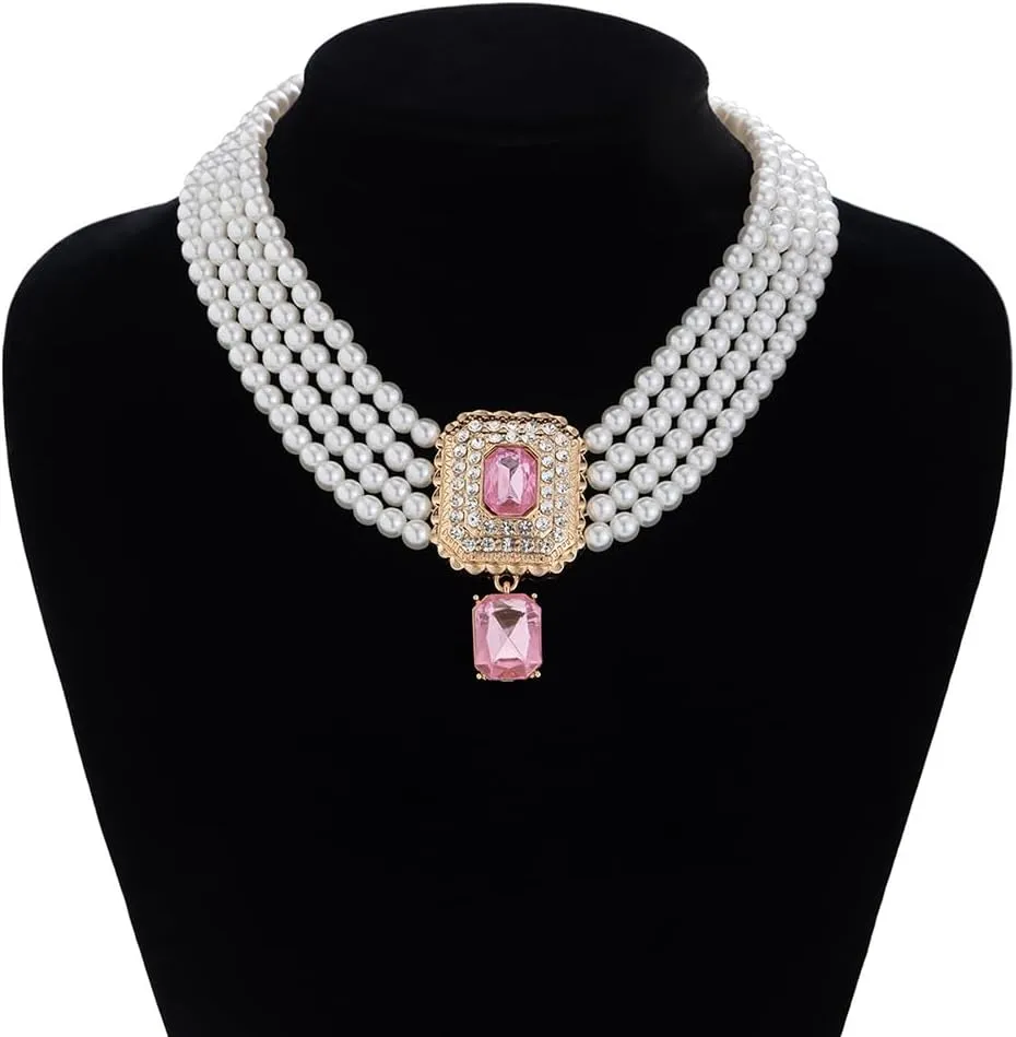Women Boho 1920s Pearls Choker Necklaces Earrings Set Gold Silver Green Pearls Layered Choker Necklaces Black Multilayer Rhinestones Layering Necklaces for Women