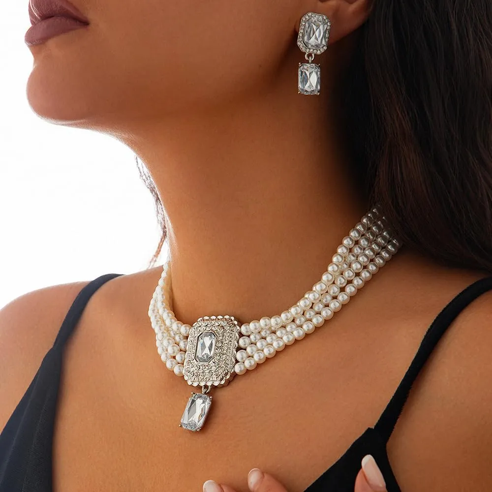 Women Boho 1920s Pearls Choker Necklaces Earrings Set Gold Silver Green Pearls Layered Choker Necklaces Black Multilayer Rhinestones Layering Necklaces for Women