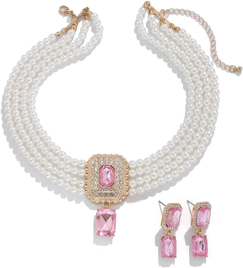 Women Boho 1920s Pearls Choker Necklaces Earrings Set Gold Silver Green Pearls Layered Choker Necklaces Black Multilayer Rhinestones Layering Necklaces for Women