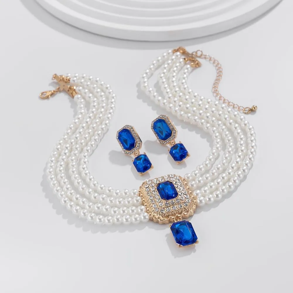 Women Boho 1920s Pearls Choker Necklaces Earrings Set Gold Silver Green Pearls Layered Choker Necklaces Black Multilayer Rhinestones Layering Necklaces for Women