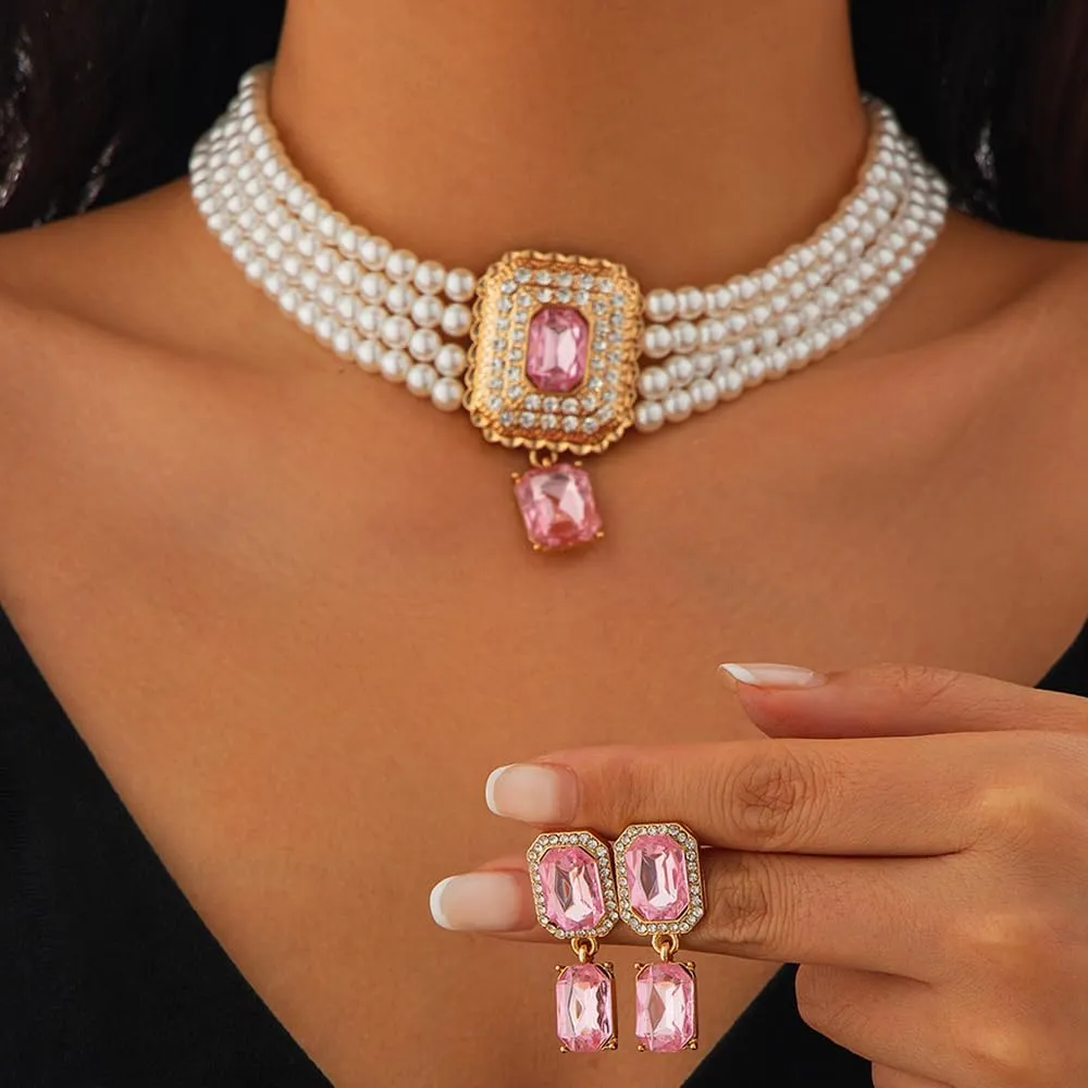 Women Boho 1920s Pearls Choker Necklaces Earrings Set Gold Silver Green Pearls Layered Choker Necklaces Black Multilayer Rhinestones Layering Necklaces for Women