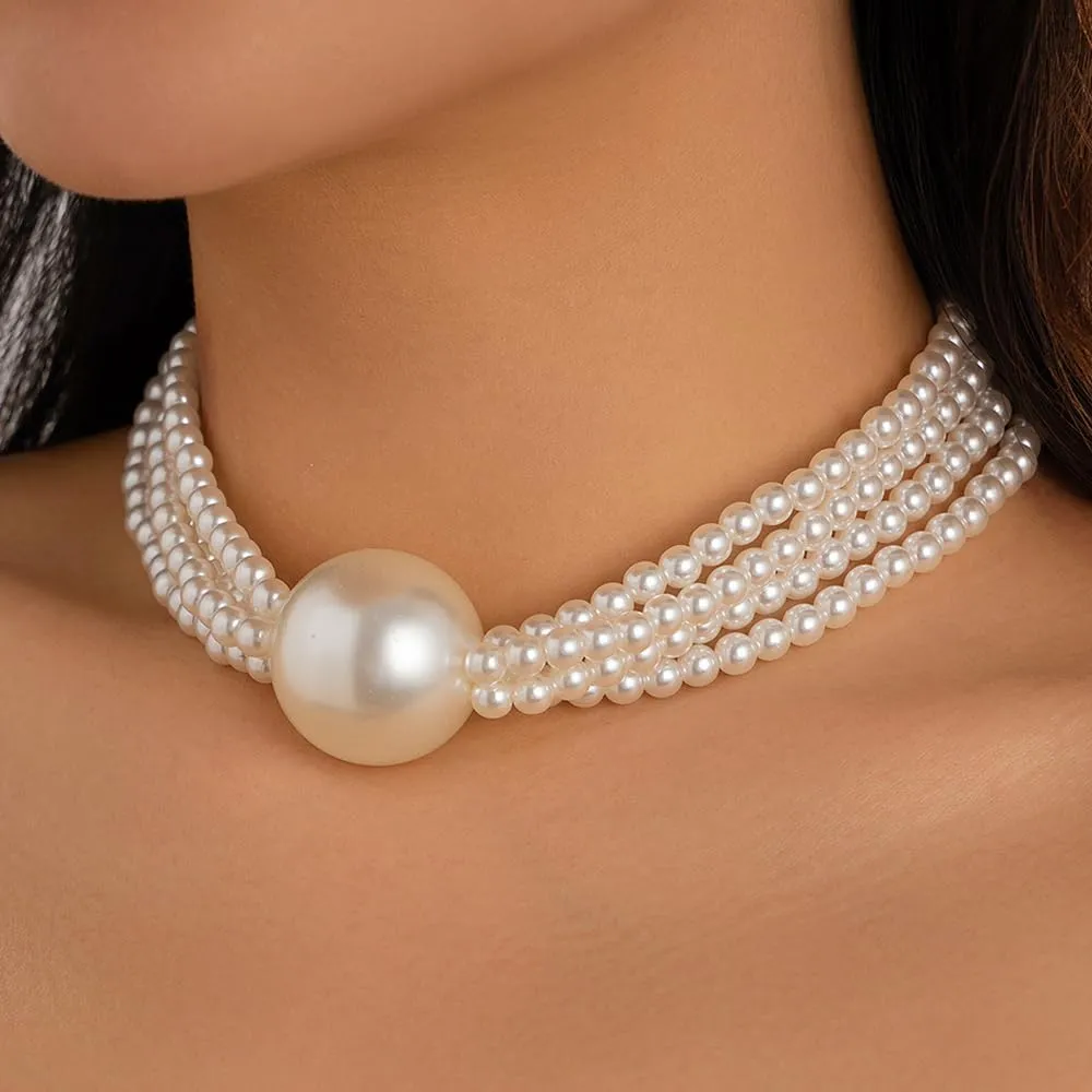 Women Boho 1920s Pearls Choker Necklaces Gold Silver Dainty Pearls Layered Choker Necklaces Fashion Chunky Pendant Multilayer Adjustable Layering Chain Necklaces for Women
