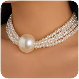 Women Boho 1920s Pearls Choker Necklaces Gold Silver Dainty Pearls Layered Choker Necklaces Fashion Chunky Pendant Multilayer Adjustable Layering Chain Necklaces for Women