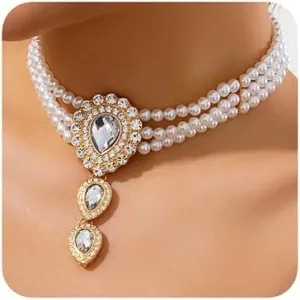 Women Boho Multilayer 1920s Rhinestone Necklaces Gold Dainty Pearls Layered Choker Necklaces Green Fashion Chunky Pendant Multilayer Adjustable Layering Chain Necklaces Set for Women