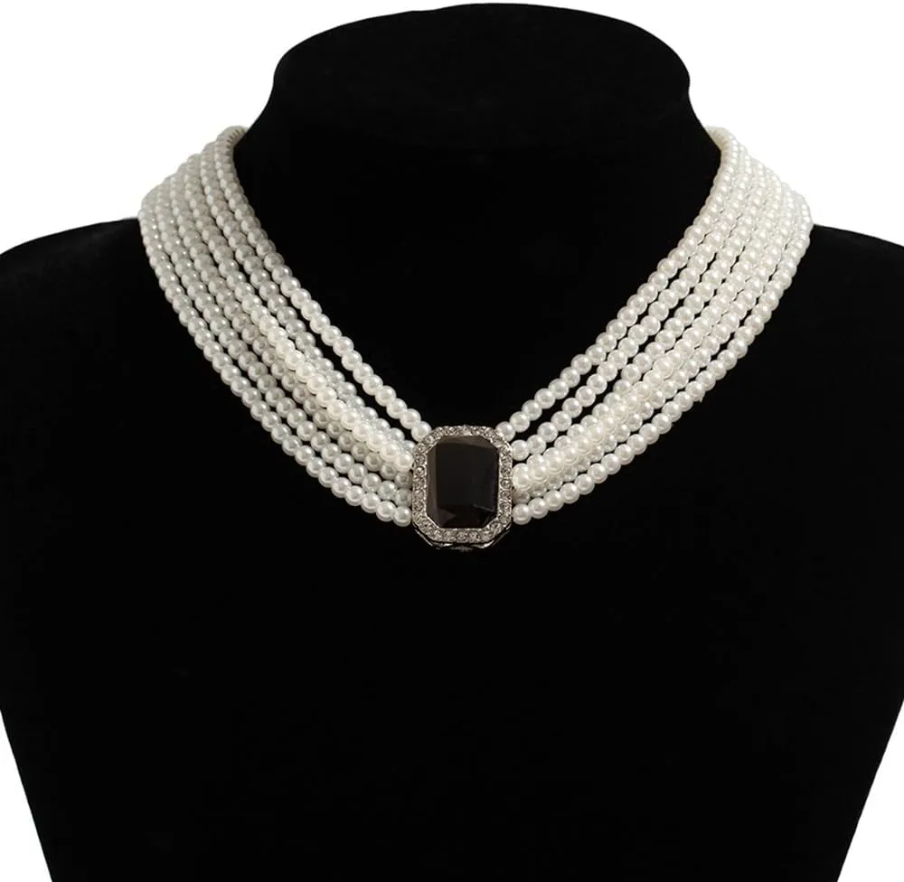 Women Boho Multilayer 1920s Rhinestone Necklaces Green Red Dainty Pearls Layered Choker Necklaces Black Fashion Chunky Pendant Adjustable Layering Chain Necklaces for Women