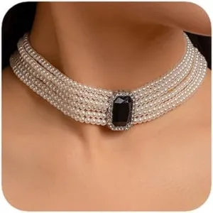 Women Boho Multilayer 1920s Rhinestone Necklaces Green Red Dainty Pearls Layered Choker Necklaces Black Fashion Chunky Pendant Adjustable Layering Chain Necklaces for Women