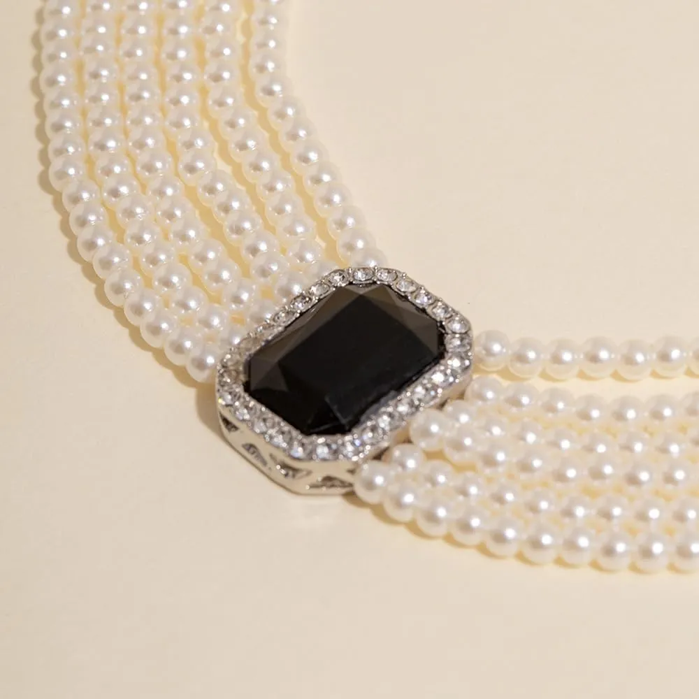 Women Boho Multilayer 1920s Rhinestone Necklaces Green Red Dainty Pearls Layered Choker Necklaces Black Fashion Chunky Pendant Adjustable Layering Chain Necklaces for Women