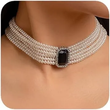 Women Boho Multilayer 1920s Rhinestone Necklaces Green Red Dainty Pearls Layered Choker Necklaces Black Fashion Chunky Pendant Adjustable Layering Chain Necklaces for Women