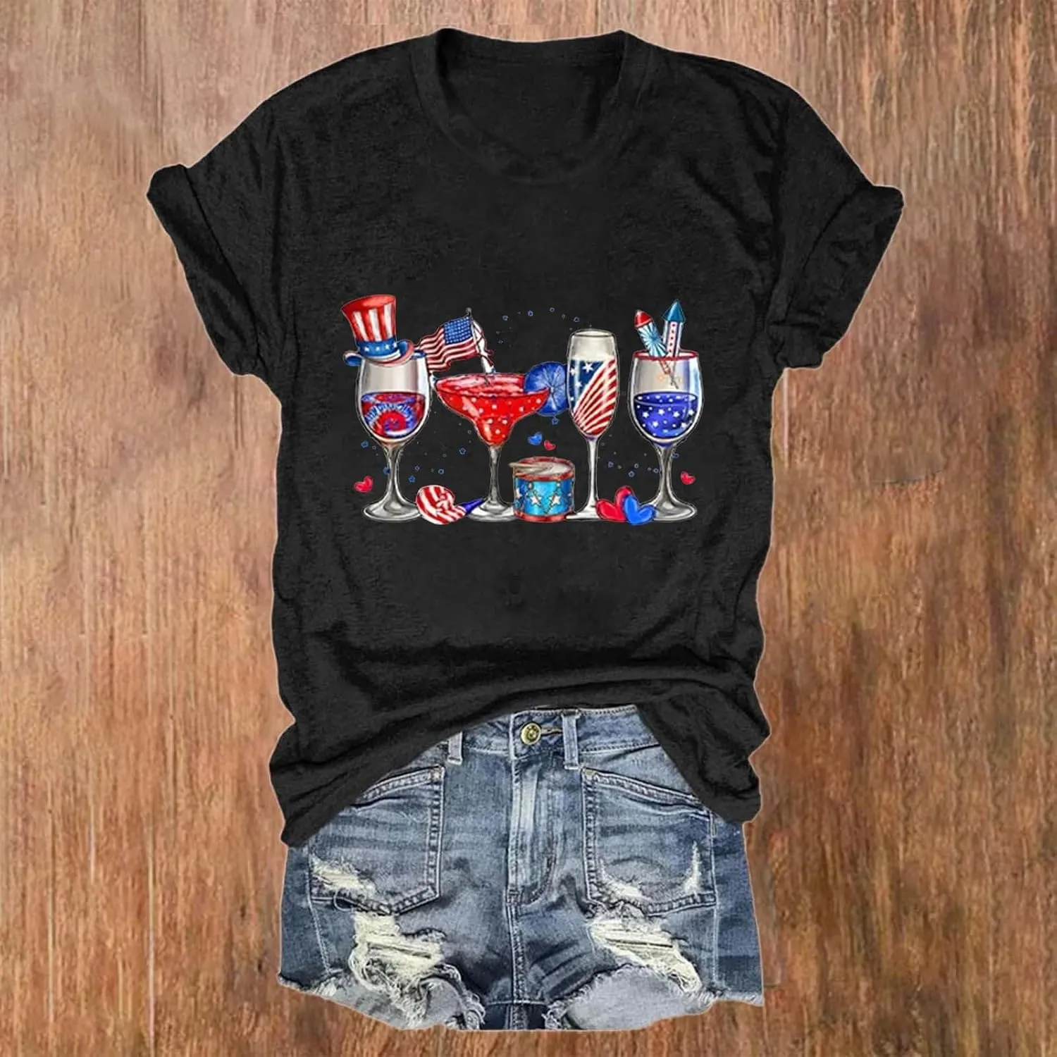 Women I'm Just Here for The Wieners Shirt 4th of July Shirts American Flag Patriotic Plus Size Short Sleeve Tee