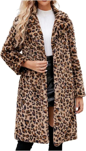 Women Ladies Leopard Overcoat Warm Faux Furry Jackets Winter Coats Turn Down Collar Cardigan Long Outerwear