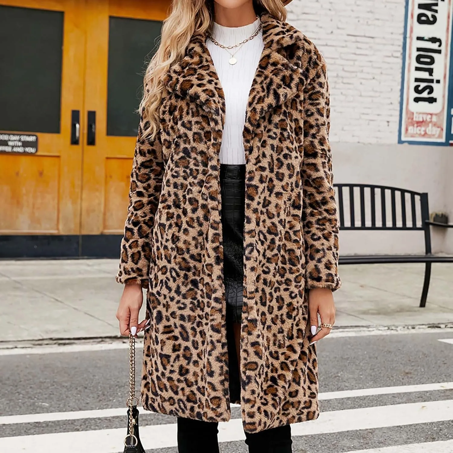 Women Ladies Leopard Overcoat Warm Faux Furry Jackets Winter Coats Turn Down Collar Cardigan Long Outerwear