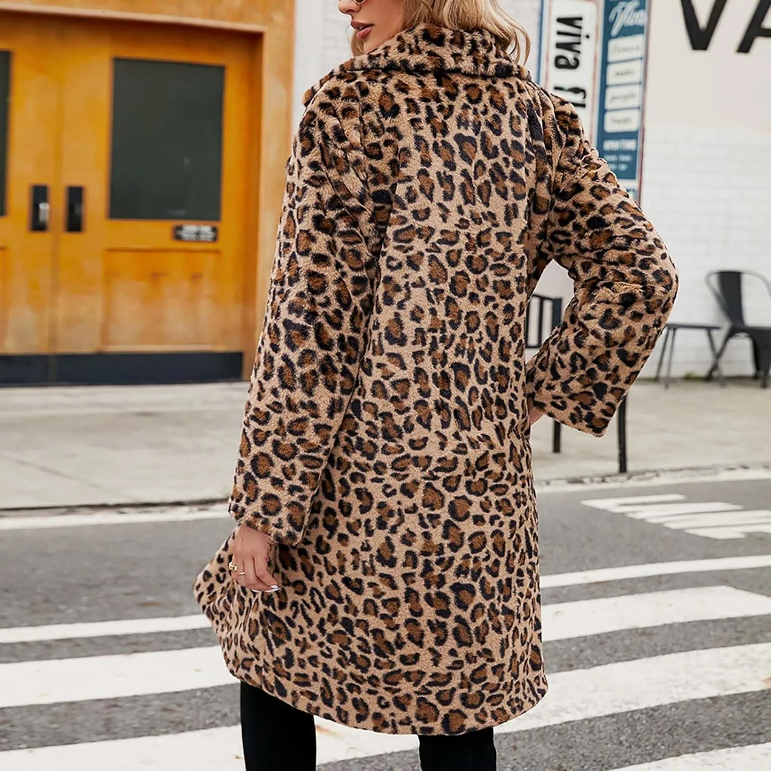 Women Ladies Leopard Overcoat Warm Faux Furry Jackets Winter Coats Turn Down Collar Cardigan Long Outerwear