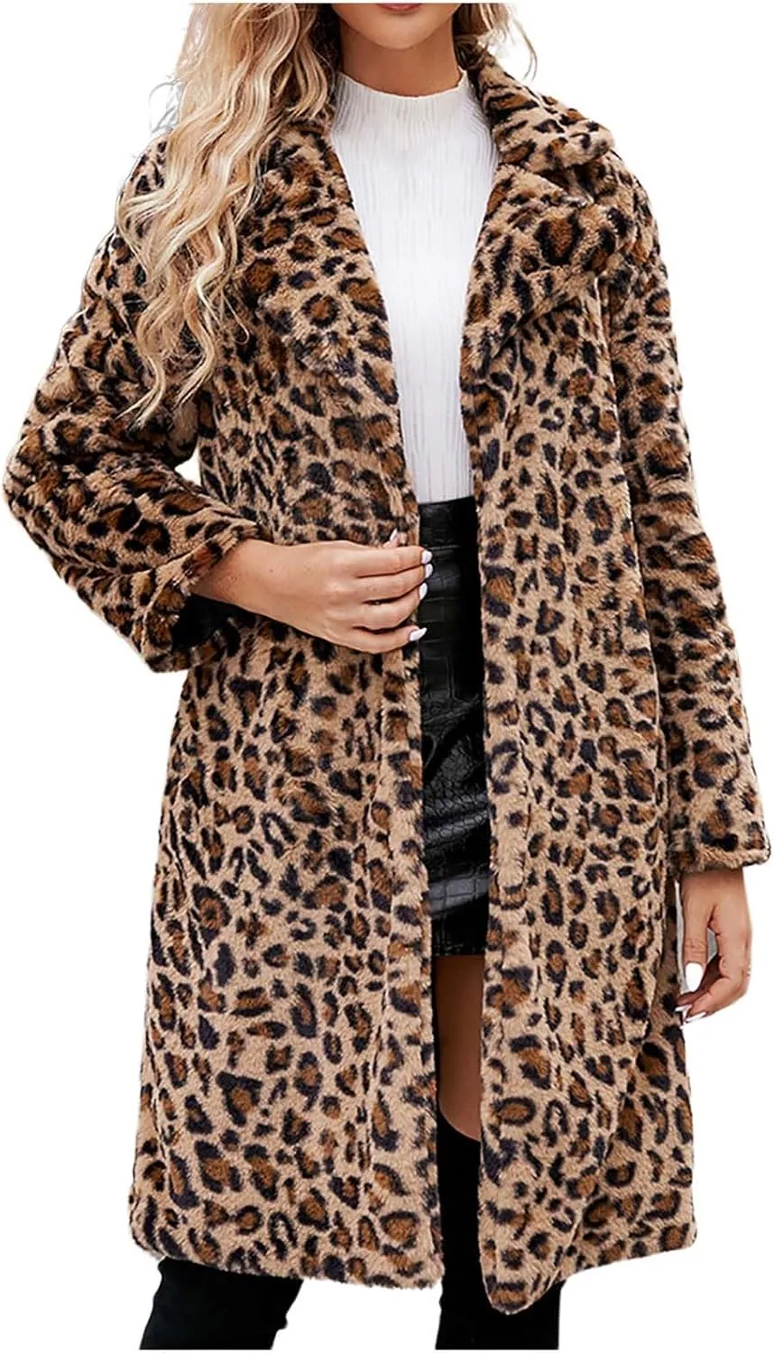 Women Ladies Leopard Overcoat Warm Faux Furry Jackets Winter Coats Turn Down Collar Cardigan Long Outerwear