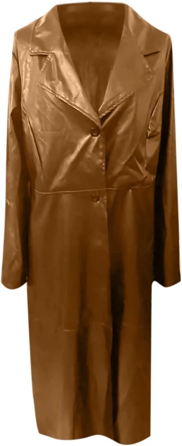 Women Leather Jacket Maxi Long Lapel Coat Outwear Fall Winter Fashion Slim Fit Single Breasted Windbreak Overcoat