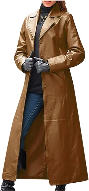 Women Leather Jacket Maxi Long Lapel Coat Outwear Fall Winter Fashion Slim Fit Single Breasted Windbreak Overcoat