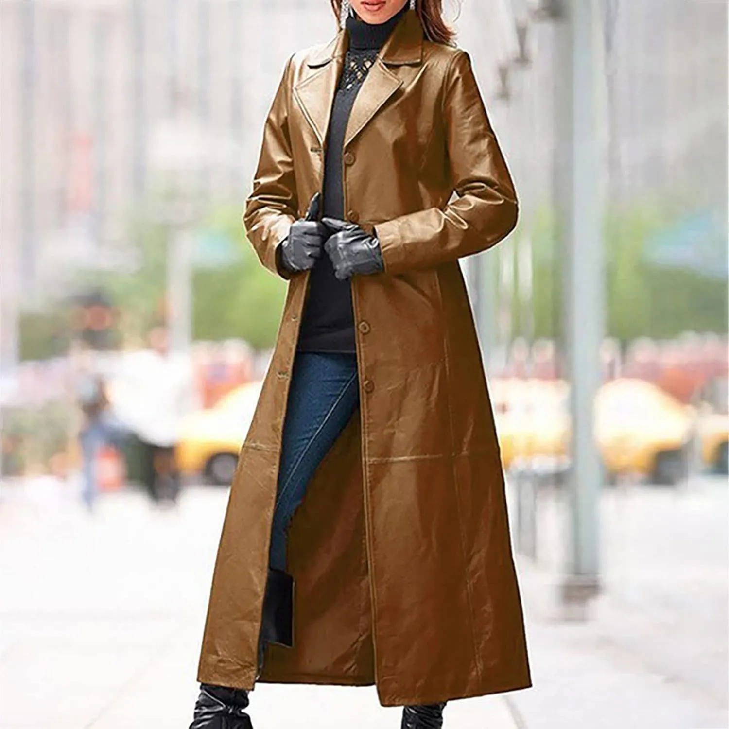 Women Leather Jacket Maxi Long Lapel Coat Outwear Fall Winter Fashion Slim Fit Single Breasted Windbreak Overcoat