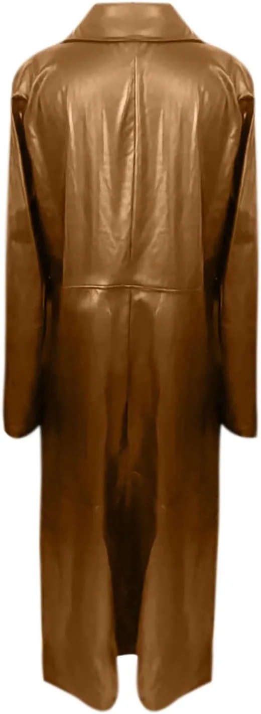 Women Leather Jacket Maxi Long Lapel Coat Outwear Fall Winter Fashion Slim Fit Single Breasted Windbreak Overcoat
