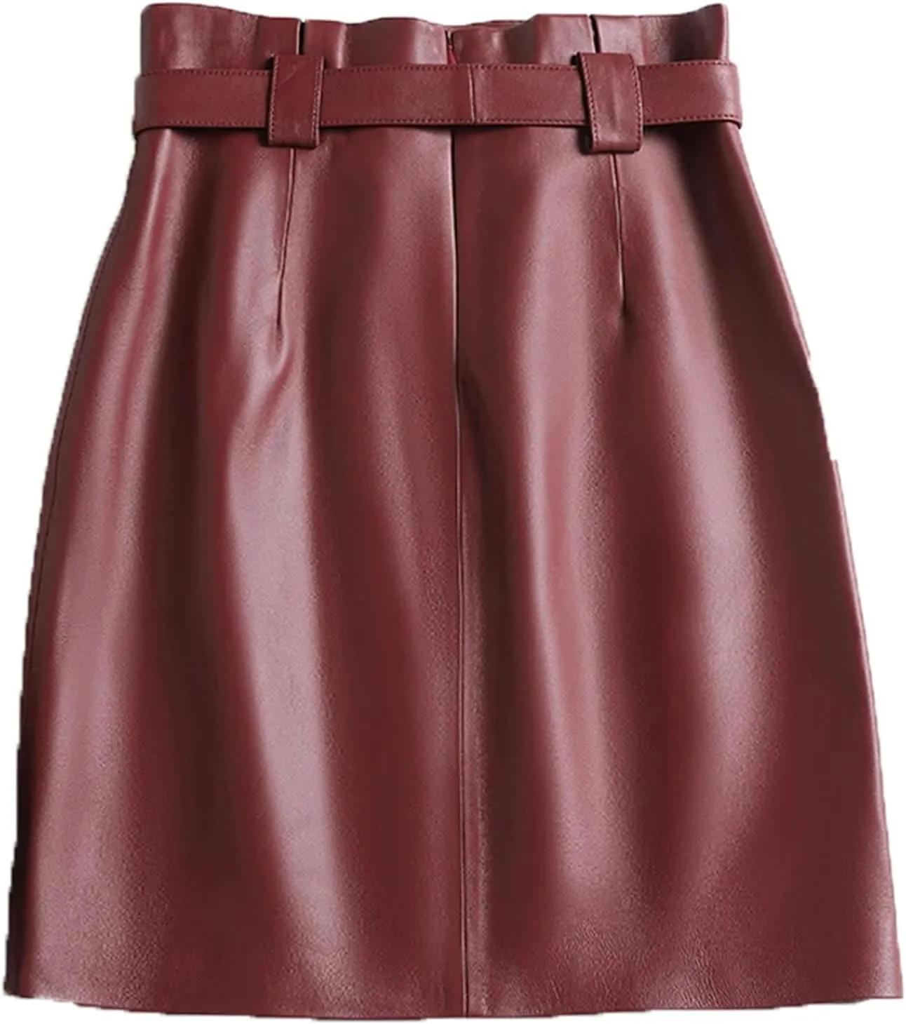 Women Leather Midi Skirt Square Buckle Belt Versatile Sheepskin High Waisted Stretch Pleated ASkirt