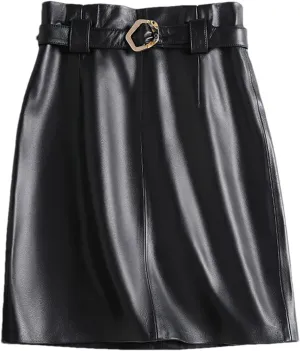 Women Leather Midi Skirt Square Buckle Belt Versatile Sheepskin High Waisted Stretch Pleated ASkirt