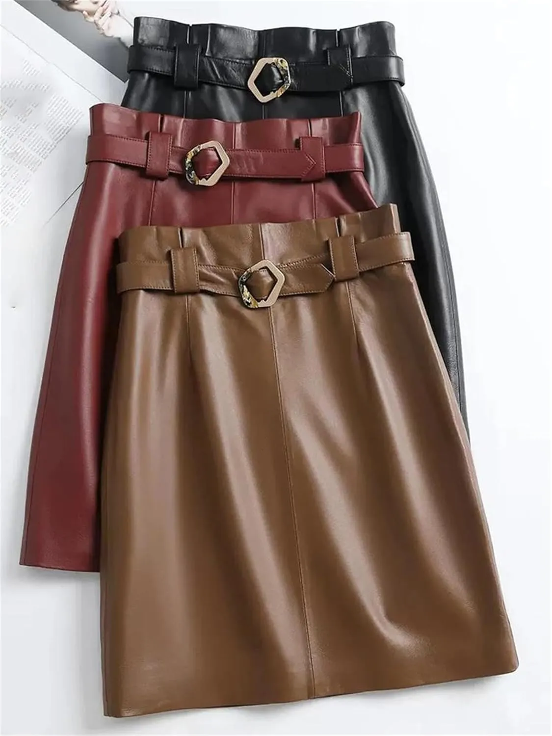 Women Leather Midi Skirt Square Buckle Belt Versatile Sheepskin High Waisted Stretch Pleated ASkirt