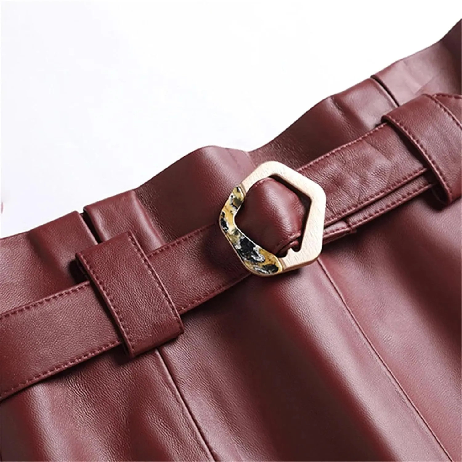 Women Leather Midi Skirt Square Buckle Belt Versatile Sheepskin High Waisted Stretch Pleated ASkirt