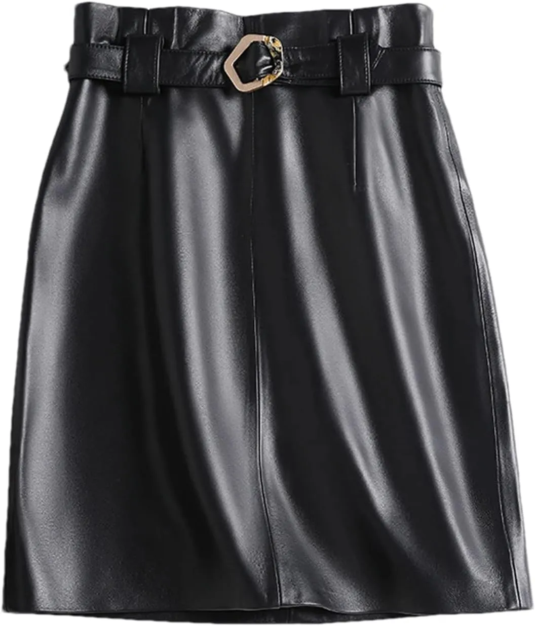 Women Leather Midi Skirt Square Buckle Belt Versatile Sheepskin High Waisted Stretch Pleated ASkirt