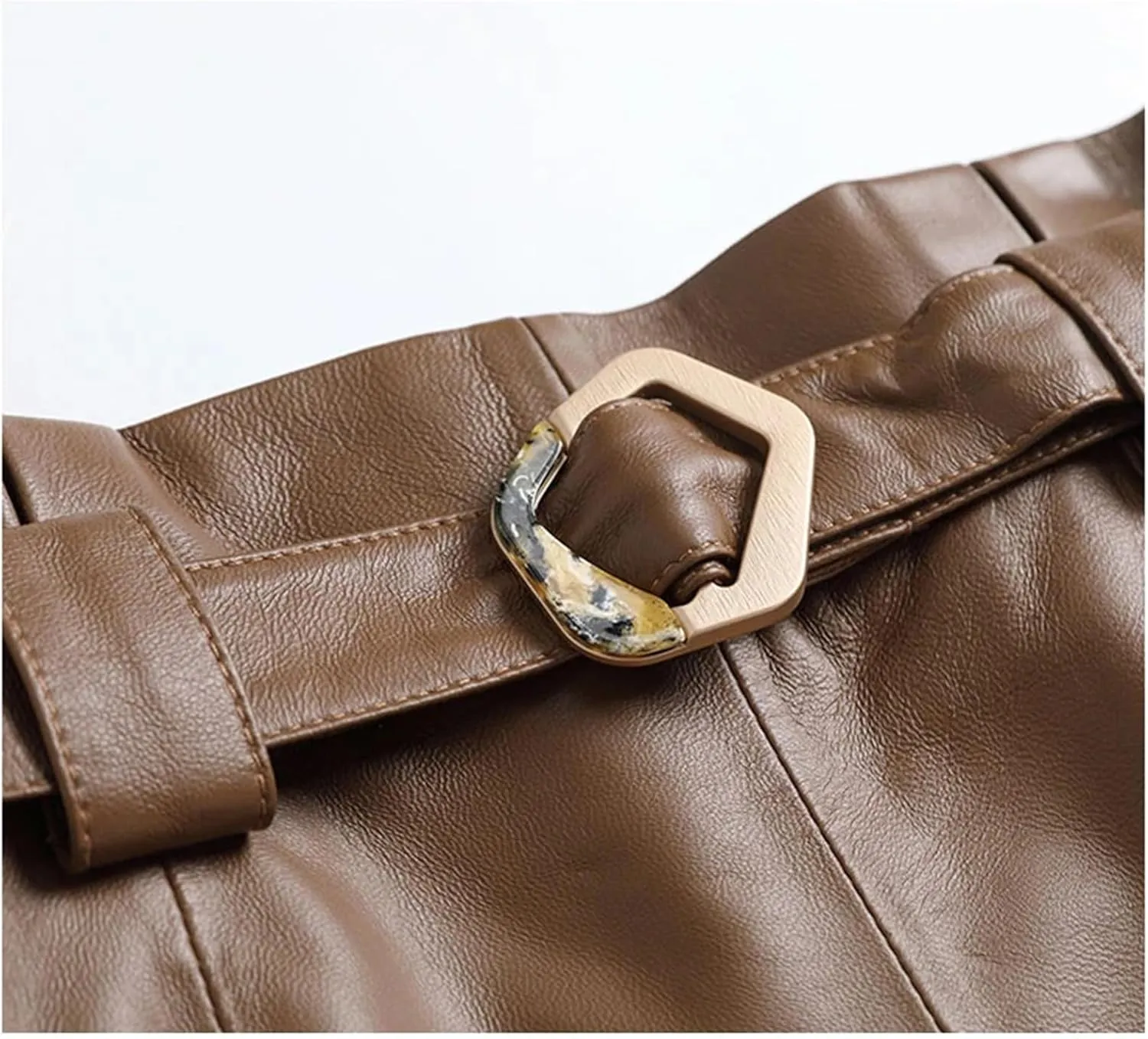 Women Leather Midi Skirt Square Buckle Belt Versatile Sheepskin High Waisted Stretch Pleated ASkirt