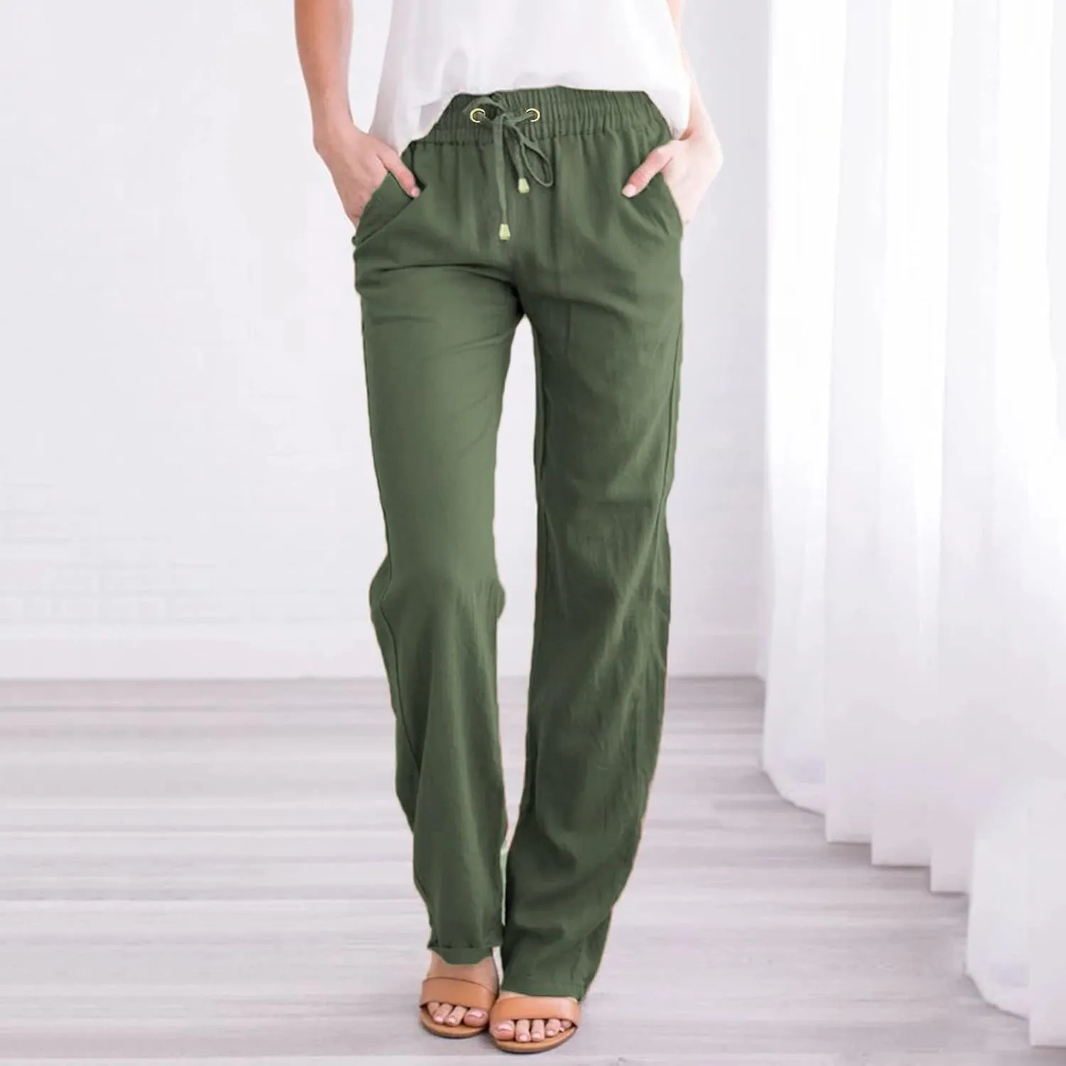 Women Linen Summer Printed Palazzo Pants Low Waist Stretchy Straight Loose Fit Palazzo Pants Trendy