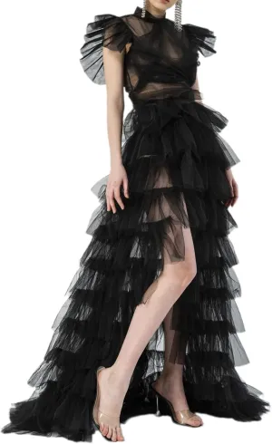 Women Long High Low Ruffles Tulle Skirt Solid Color Mesh Tied-Up Irregular Floor-Length Party Train Overskirt Cover Ups