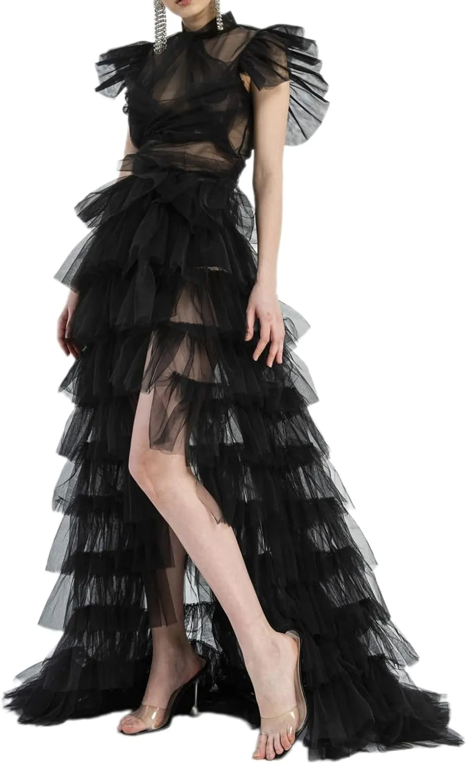 Women Long High Low Ruffles Tulle Skirt Solid Color Mesh Tied-Up Irregular Floor-Length Party Train Overskirt Cover Ups