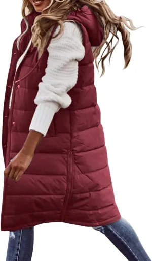Women Oversized Quilted Vest Jackets Fuzzy Fleece Zip Up Hooded Outerwear Winter Heavyweight Long Coat With Pockets