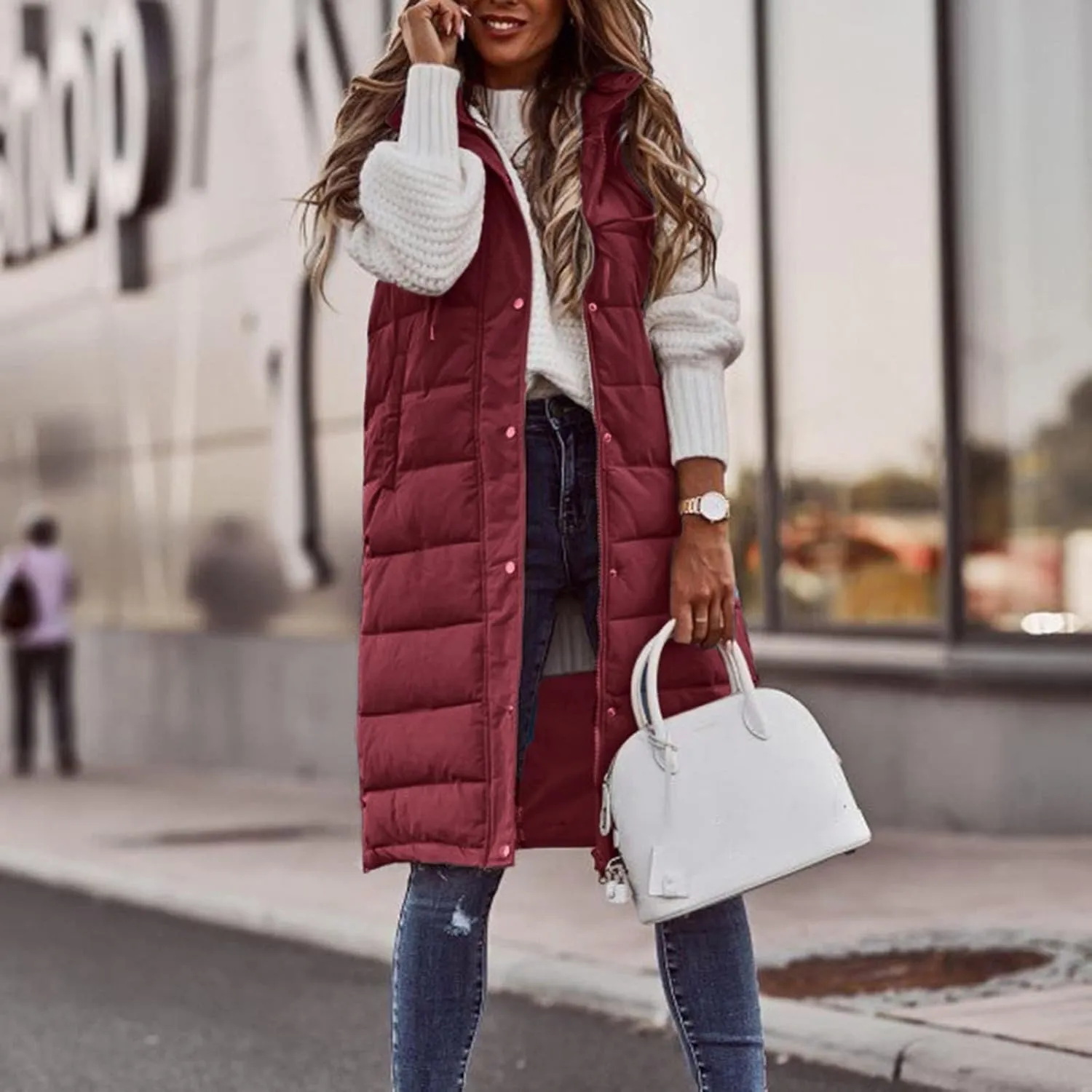 Women Oversized Quilted Vest Jackets Fuzzy Fleece Zip Up Hooded Outerwear Winter Heavyweight Long Coat With Pockets
