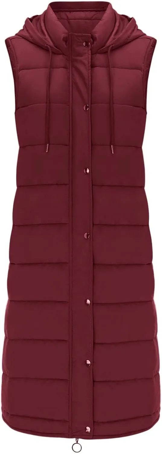 Women Oversized Quilted Vest Jackets Fuzzy Fleece Zip Up Hooded Outerwear Winter Heavyweight Long Coat With Pockets