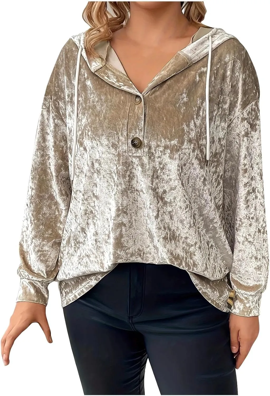 Women Oversized Velvet Hoodies Drawstring Hooded Henley Neck Sweatshirt Spring Fall Retro Casual Elegant Tunic Tops