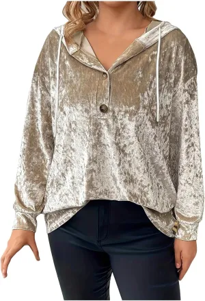 Women Oversized Velvet Hoodies Drawstring Hooded Henley Neck Sweatshirt Spring Fall Retro Casual Elegant Tunic Tops