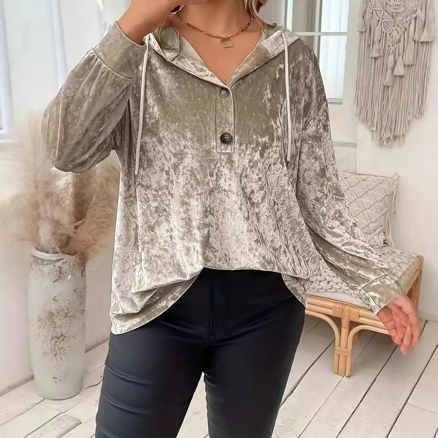 Women Oversized Velvet Hoodies Drawstring Hooded Henley Neck Sweatshirt Spring Fall Retro Casual Elegant Tunic Tops